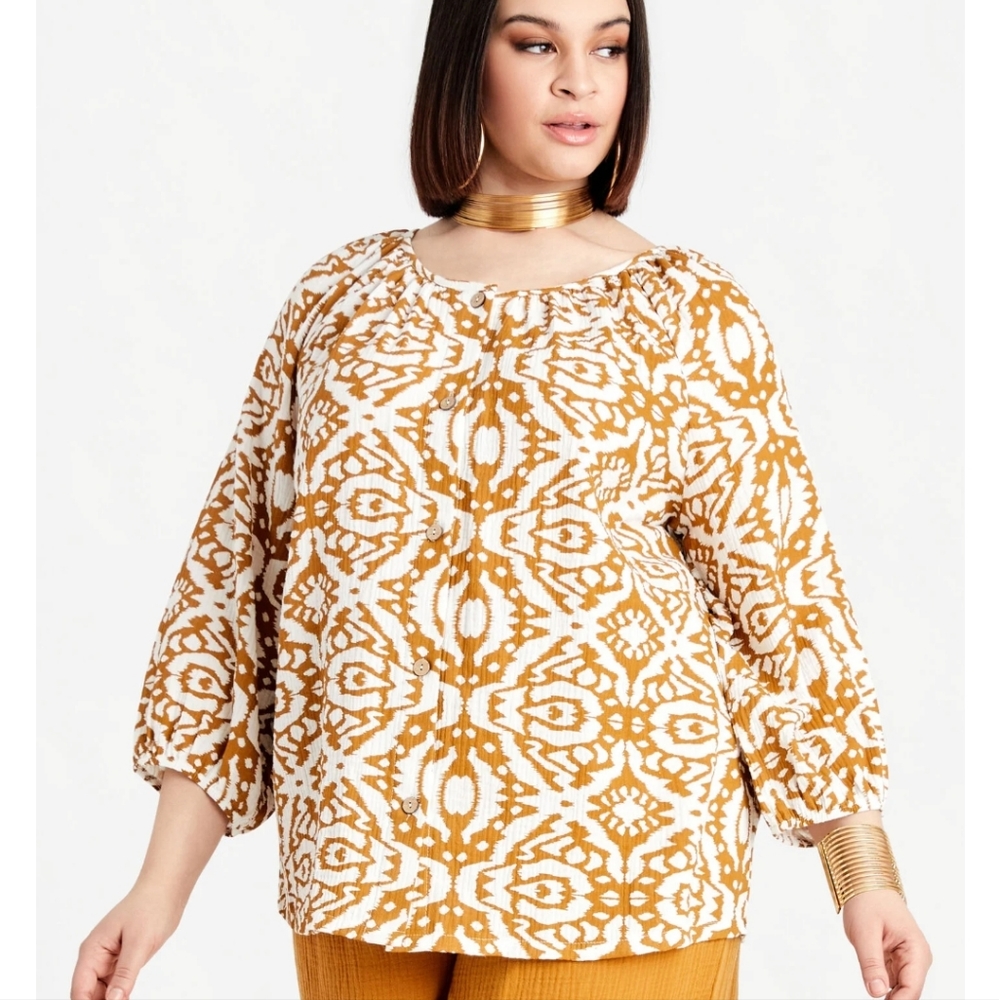 Ashley Stewart White and Mustard Ikat Print Peasant Blouse